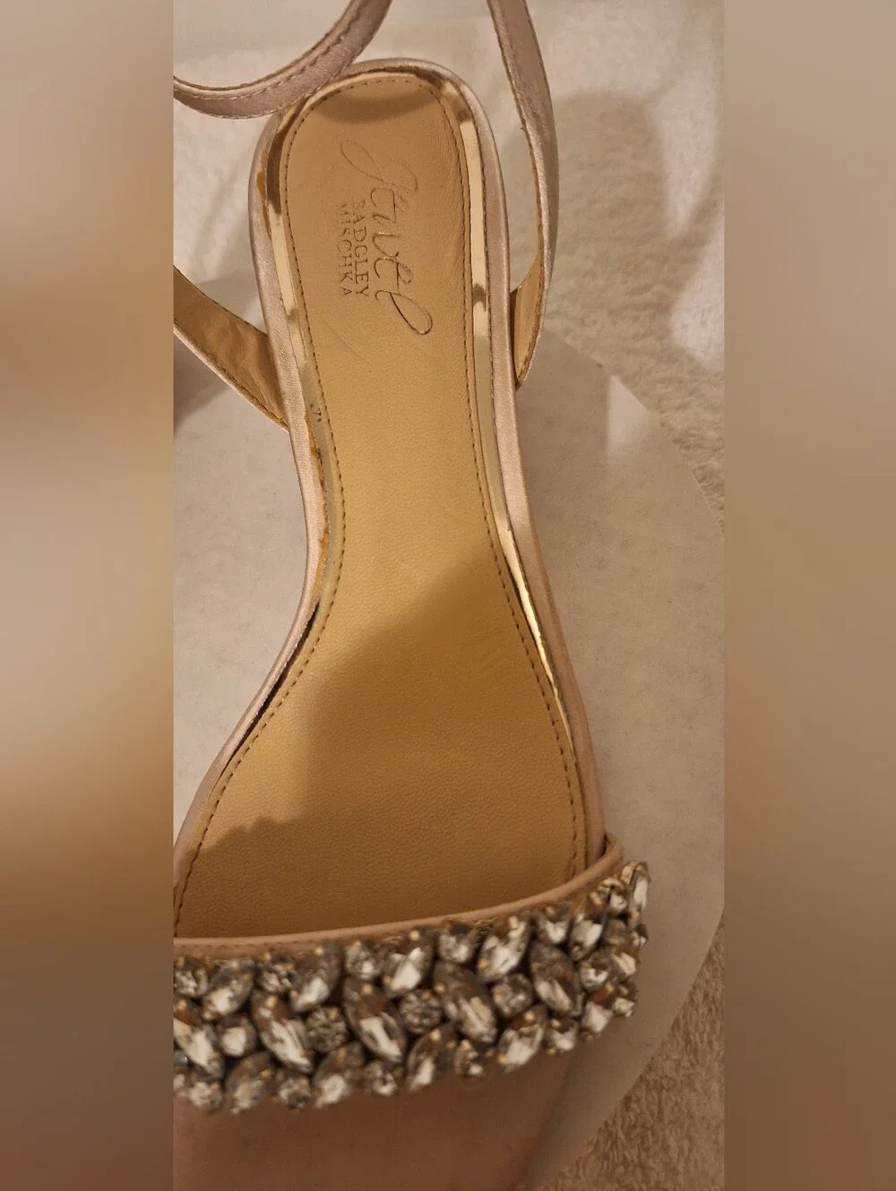 Jewel Badgley Mischka Champagne Satin. Crystal-Strap Open-Toe Sandals